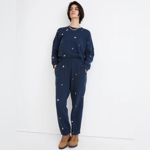 NWOT Madewell MWL Airyterry Floral Embroidered Tapered Sweatpants Navy Size XXS - Picture 4 of 16